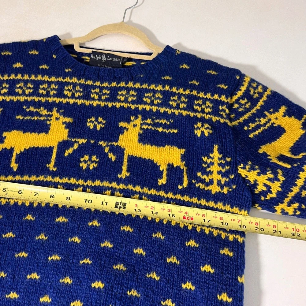 Vintage Ralph Lauren Sweater Mens S‎ Blue Wool Hand Knit Reindeer Fair Isle